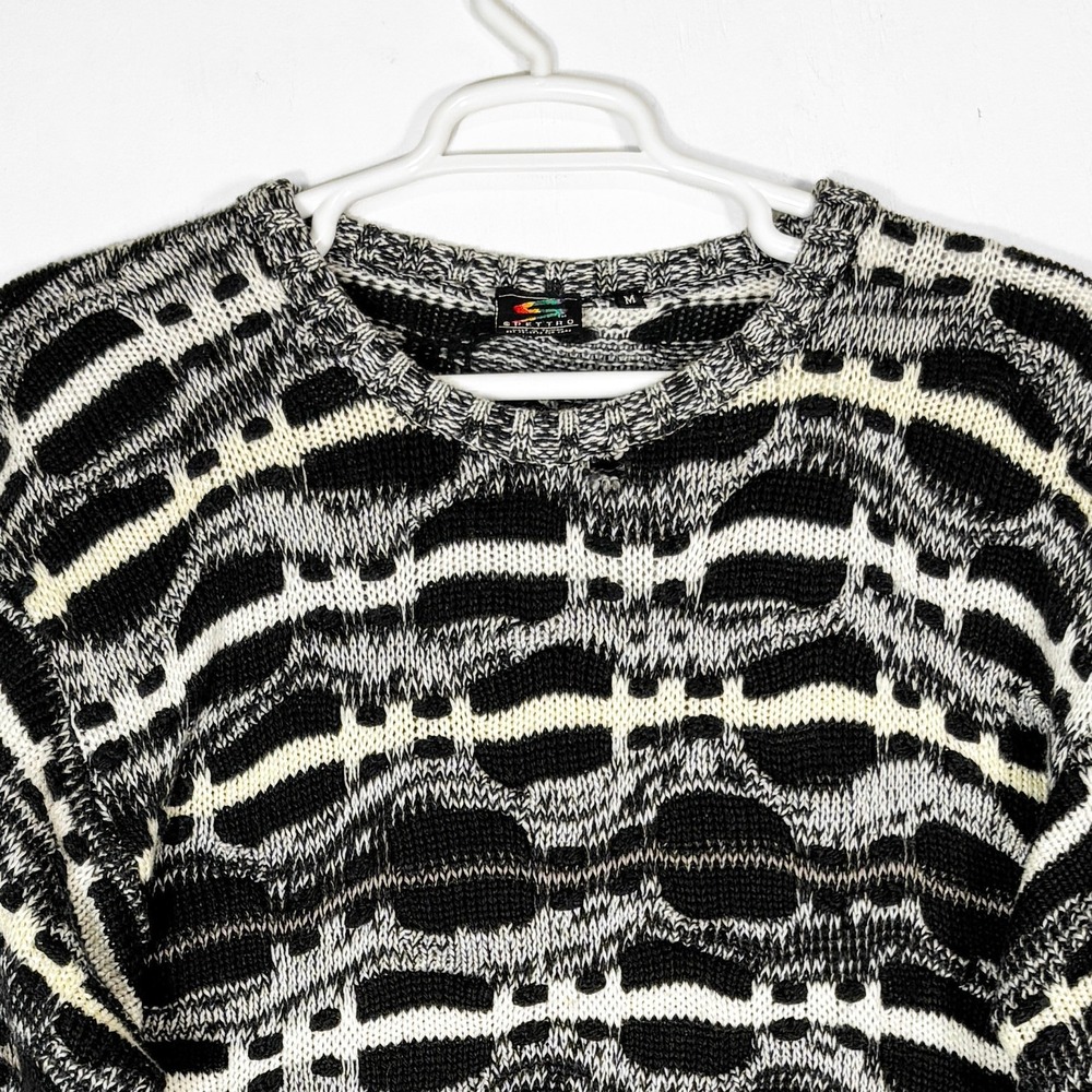 VTG 90s Spettro Coogi-Style 3D Knit Sweater Mens M Black White Textured Abstract